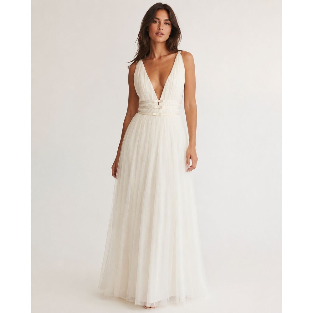 ASOS Bridal Ivory Pleated Tulle Deep V Open Back Maxi Dress US 8